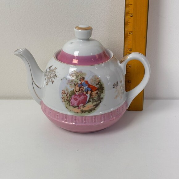 Vintage Norleans Porcelain Teapot With Romantic Scene & Pink Accents - Picture 7 of 12